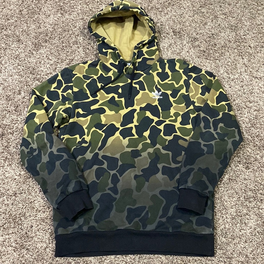 Adidas Hoodie Mens Small Green Camo Hooded Fleece Pullover Sweatshirt